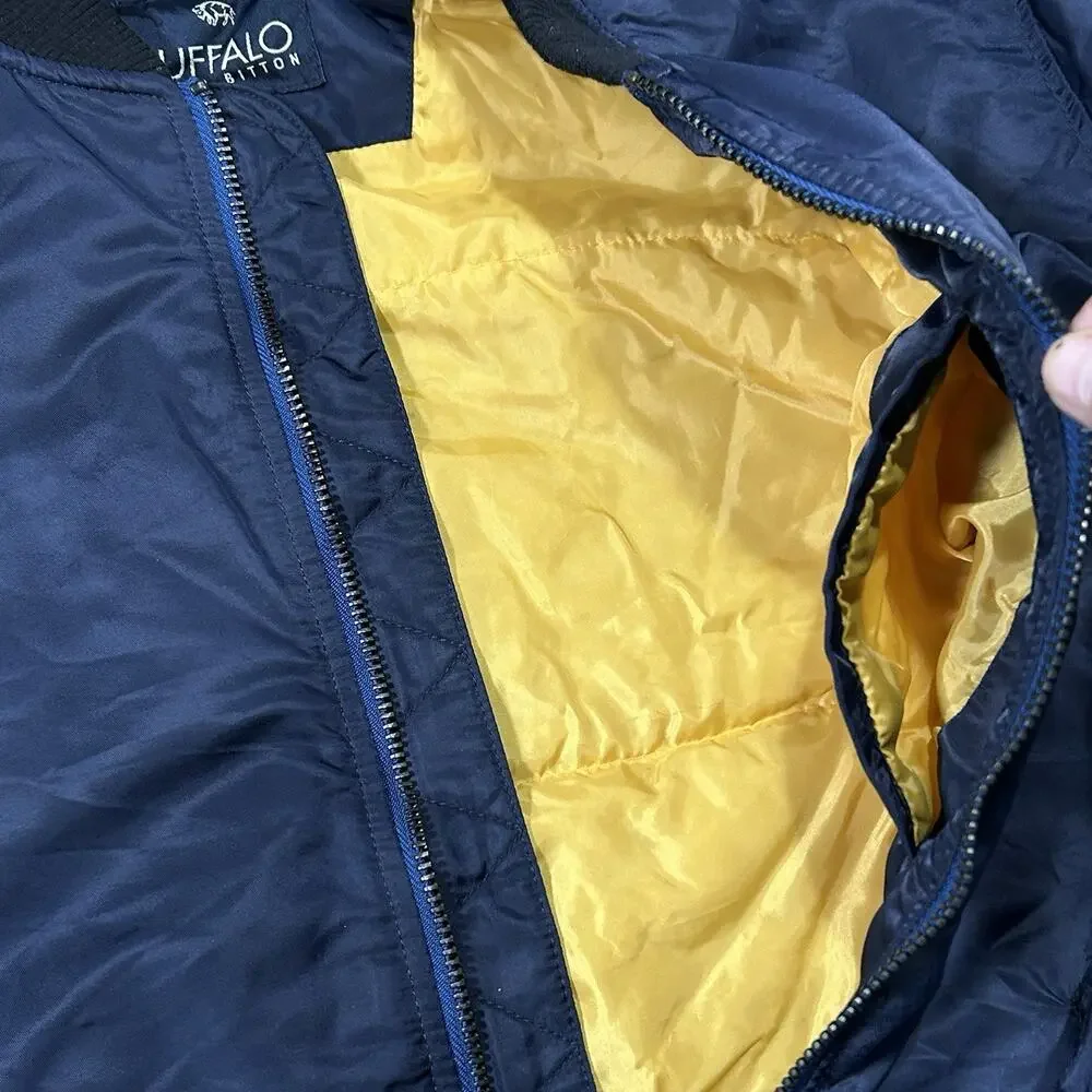 Men LG Buffalo David Bitton Blue Bomber Jacket Zip Elastic Ribbed Waist & Sleeve